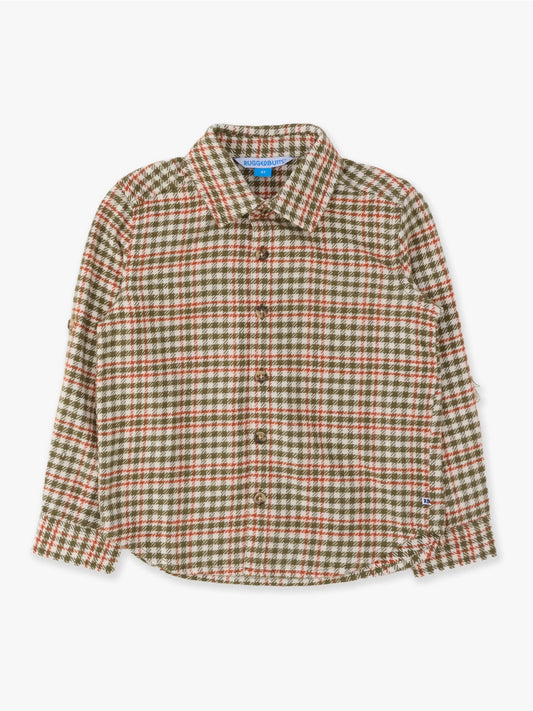 Boys Flannel Button Down - Olive Houndstooth